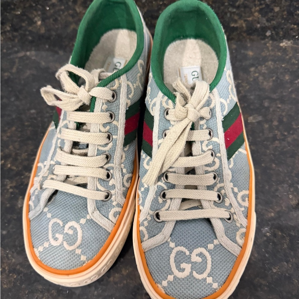 Gucci Light Blue GG Canvas Sneakers with Green & Red Web Stripe